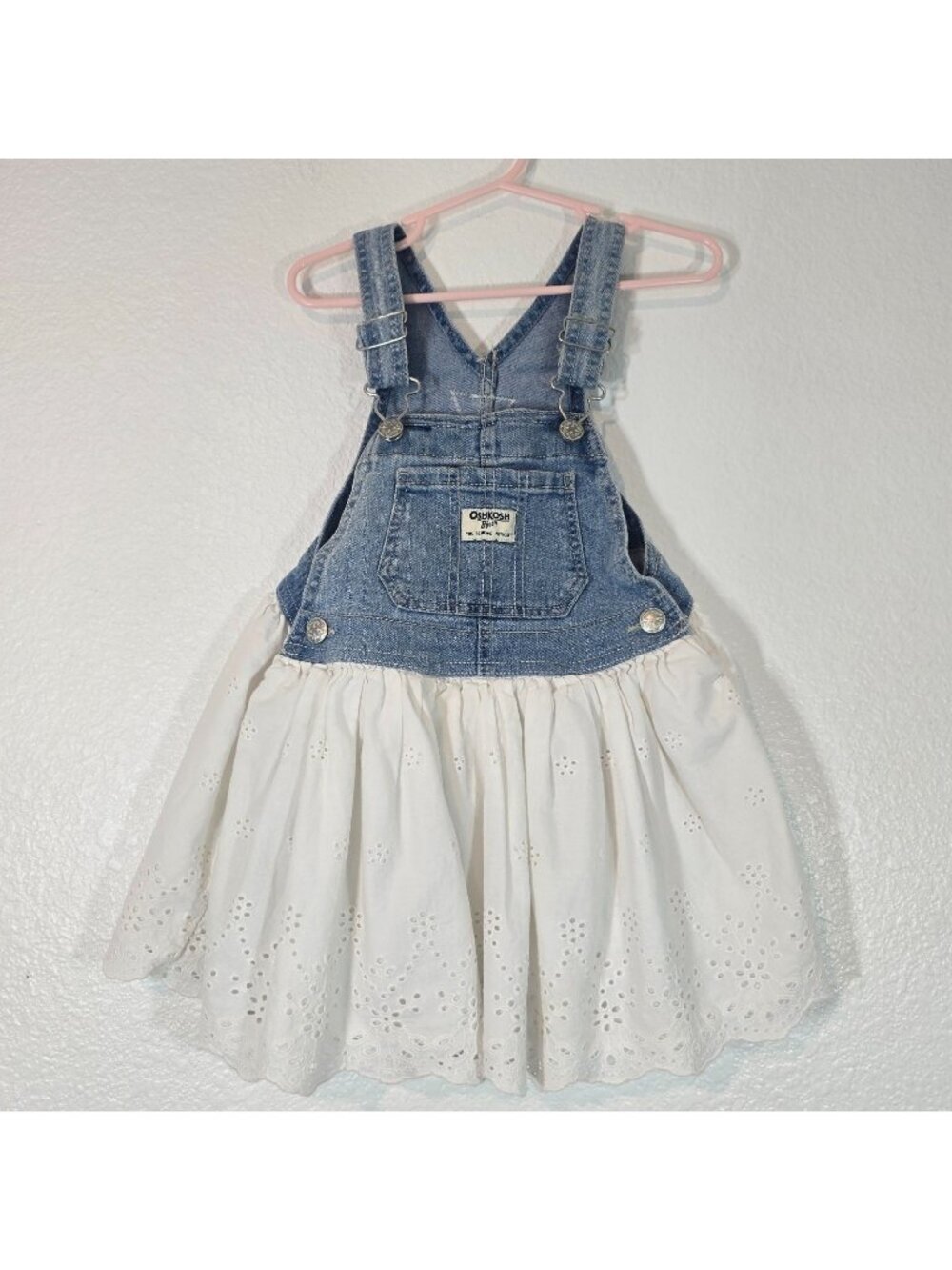 Oshkosh BGosh Jumper Dress Girls 3T Blue White Eyelet Denim Casual Play Party